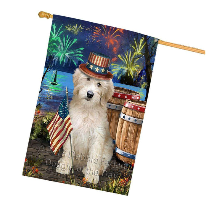 4th of July Independence Day Fireworks Goldendoodle Dog at the Lake House Flag FLG51215
