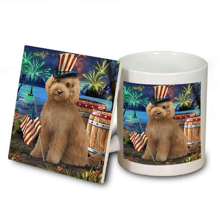 4th of July Independence Day Fireworks Goldendoodle Dog at the Lake Mug and Coaster Set MUC51145