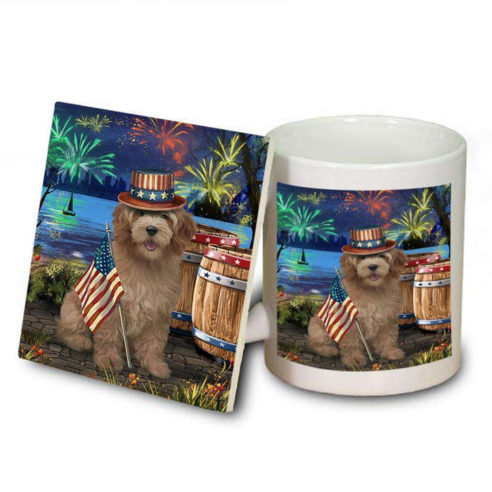4th of July Independence Day Fireworks Goldendoodle Dog at the Lake Mug and Coaster Set MUC51146