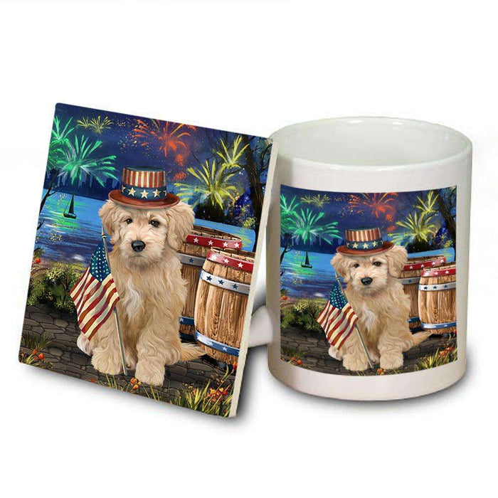 4th of July Independence Day Fireworks Goldendoodle Dog at the Lake Mug and Coaster Set MUC51147
