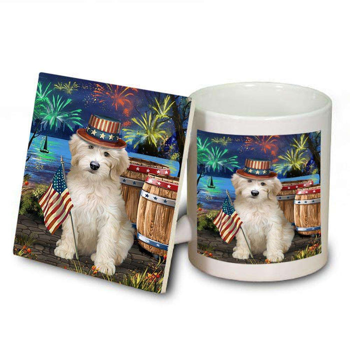 4th of July Independence Day Fireworks Goldendoodle Dog at the Lake Mug and Coaster Set MUC51149