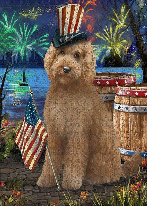 4th of July Independence Day Fireworks Goldendoodle Dog at the Lake Puzzle with Photo Tin PUZL57321