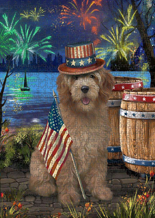 4th of July Independence Day Fireworks Goldendoodle Dog at the Lake Puzzle with Photo Tin PUZL57324