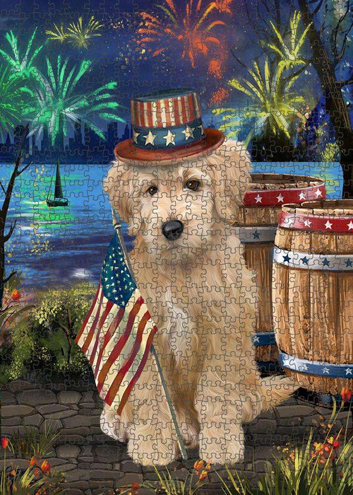 4th of July Independence Day Fireworks Goldendoodle Dog at the Lake Puzzle with Photo Tin PUZL57327