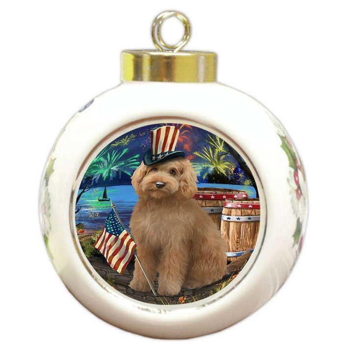 4th of July Independence Day Fireworks Goldendoodle Dog at the Lake Round Ball Christmas Ornament RBPOR51153