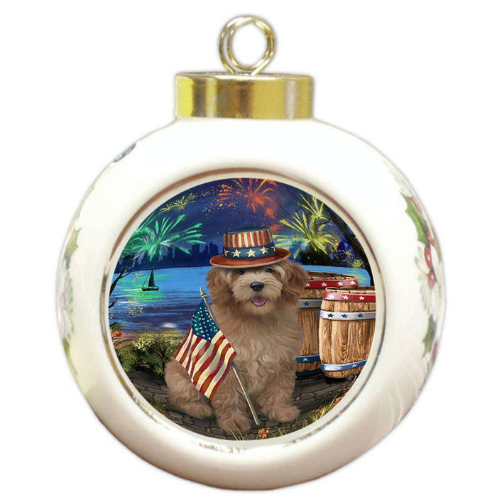 4th of July Independence Day Fireworks Goldendoodle Dog at the Lake Round Ball Christmas Ornament RBPOR51154