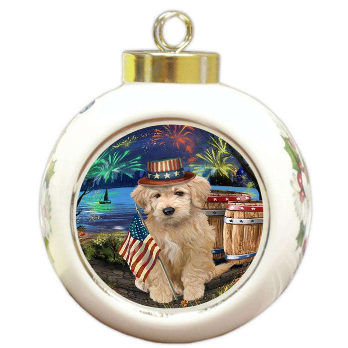 4th of July Independence Day Fireworks Goldendoodle Dog at the Lake Round Ball Christmas Ornament RBPOR51155