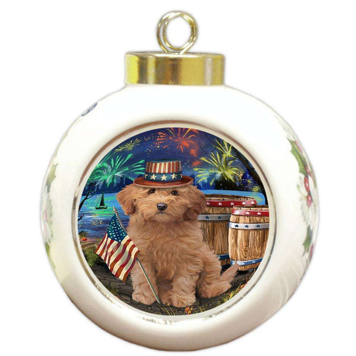 4th of July Independence Day Fireworks Goldendoodle Dog at the Lake Round Ball Christmas Ornament RBPOR51156