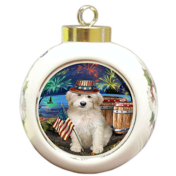 4th of July Independence Day Fireworks Goldendoodle Dog at the Lake Round Ball Christmas Ornament RBPOR51157