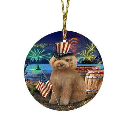 4th of July Independence Day Fireworks Goldendoodle Dog at the Lake Round Flat Christmas Ornament RFPOR51144