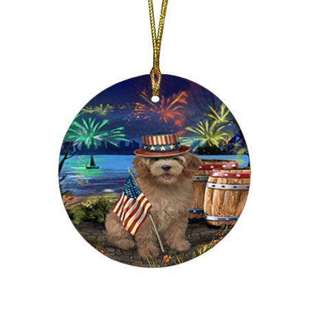 4th of July Independence Day Fireworks Goldendoodle Dog at the Lake Round Flat Christmas Ornament RFPOR51145