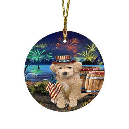 4th of July Independence Day Fireworks Goldendoodle Dog at the Lake Round Flat Christmas Ornament RFPOR51146