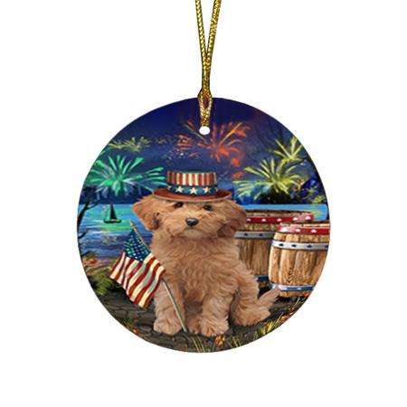 4th of July Independence Day Fireworks Goldendoodle Dog at the Lake Round Flat Christmas Ornament RFPOR51147