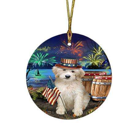 4th of July Independence Day Fireworks Goldendoodle Dog at the Lake Round Flat Christmas Ornament RFPOR51148