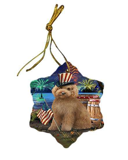 4th of July Independence Day Fireworks Goldendoodle Dog at the Lake Star Porcelain Ornament SPOR51145