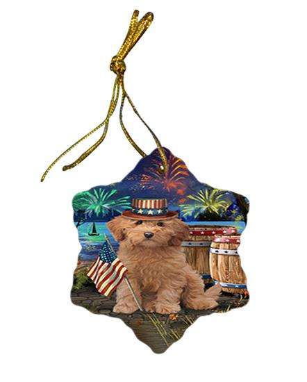4th of July Independence Day Fireworks Goldendoodle Dog at the Lake Star Porcelain Ornament SPOR51148