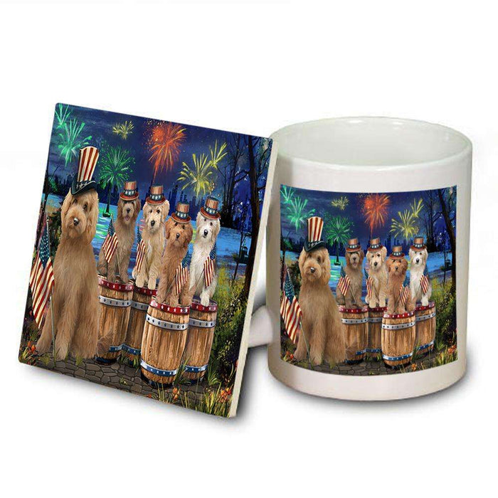 4th of July Independence Day Fireworks Goldendoodles at the Lake Mug and Coaster Set MUC51026