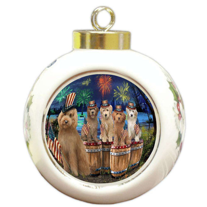 4th of July Independence Day Fireworks Goldendoodles at the Lake Round Ball Christmas Ornament RBPOR51034