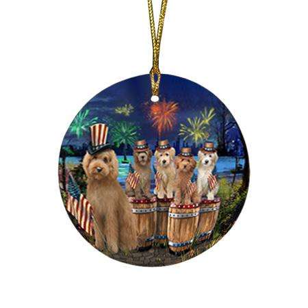 4th of July Independence Day Fireworks Goldendoodles at the Lake Round Flat Christmas Ornament RFPOR51025