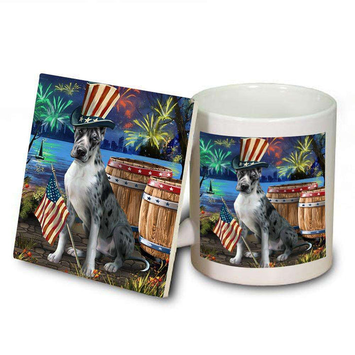 4th of July Independence Day Fireworks Great Dane Dog at the Lake Mug and Coaster Set MUC50964