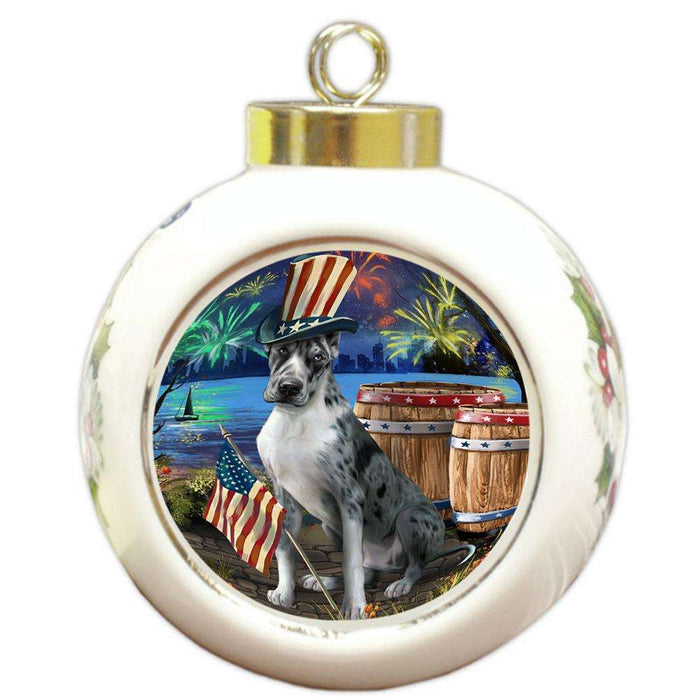 4th of July Independence Day Fireworks Great Dane Dog at the Lake Round Ball Christmas Ornament RBPOR50972