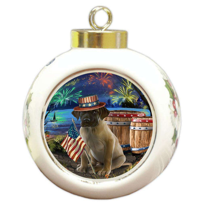 4th of July Independence Day Fireworks Great Dane Dog at the Lake Round Ball Christmas Ornament RBPOR50974
