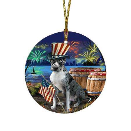 4th of July Independence Day Fireworks Great Dane Dog at the Lake Round Flat Christmas Ornament RFPOR50963