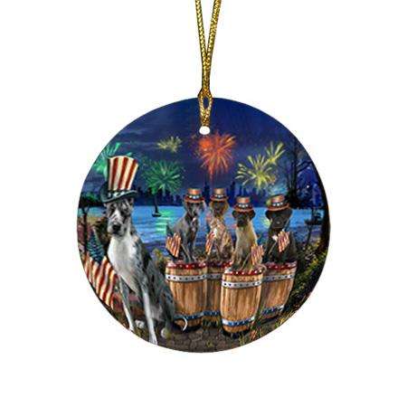 4th of July Independence Day Fireworks Great Danes at the Lake Round Flat Christmas Ornament RFPOR51026