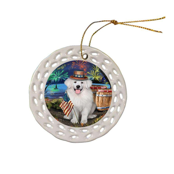 4th of July Independence Day Fireworks Great Pyrenee Dog at the Lake Ceramic Doily Ornament DPOR51159