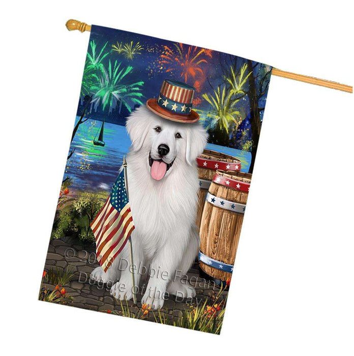 4th of July Independence Day Fireworks Great Pyrenee Dog at the Lake House Flag FLG51217