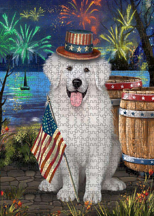 4th of July Independence Day Fireworks Great Pyrenee Dog at the Lake Puzzle with Photo Tin PUZL57339