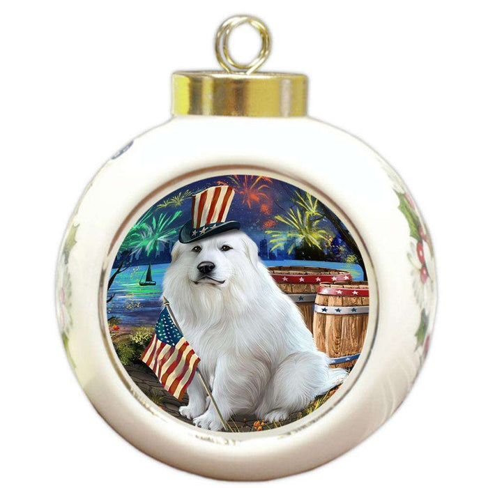 4th of July Independence Day Fireworks Great Pyrenee Dog at the Lake Round Ball Christmas Ornament RBPOR51158