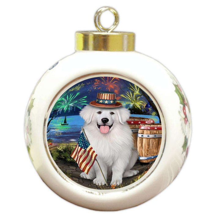 4th of July Independence Day Fireworks Great Pyrenee Dog at the Lake Round Ball Christmas Ornament RBPOR51159