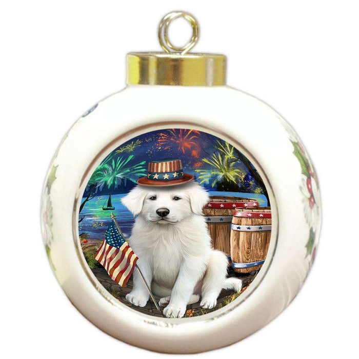 4th of July Independence Day Fireworks Great Pyrenee Dog at the Lake Round Ball Christmas Ornament RBPOR51160