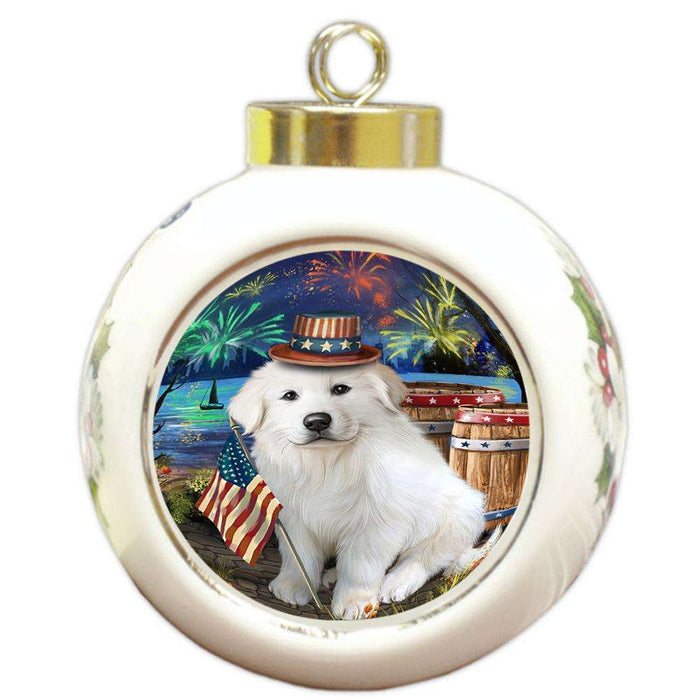 4th of July Independence Day Fireworks Great Pyrenee Dog at the Lake Round Ball Christmas Ornament RBPOR51161