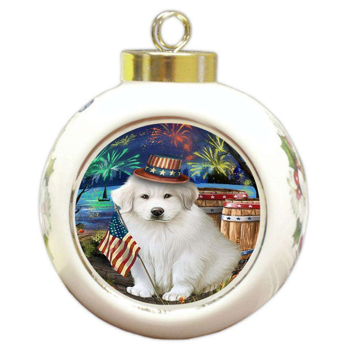 4th of July Independence Day Fireworks Great Pyrenee Dog at the Lake Round Ball Christmas Ornament RBPOR51162