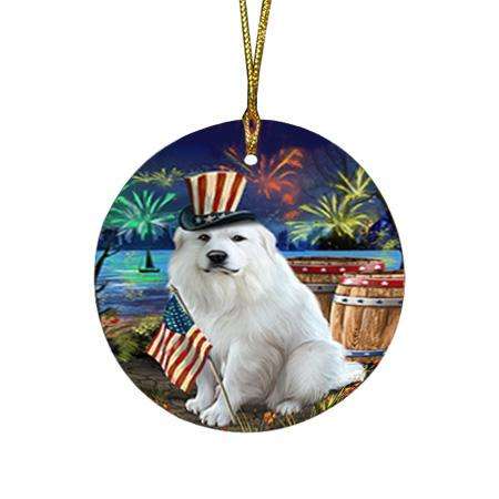4th of July Independence Day Fireworks Great Pyrenee Dog at the Lake Round Flat Christmas Ornament RFPOR51149