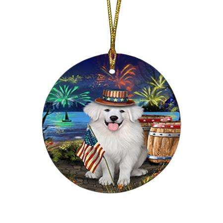 4th of July Independence Day Fireworks Great Pyrenee Dog at the Lake Round Flat Christmas Ornament RFPOR51150