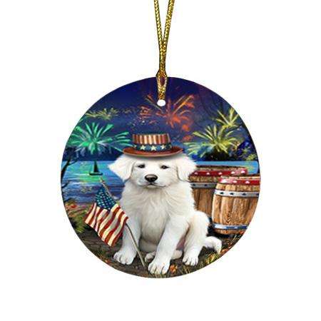 4th of July Independence Day Fireworks Great Pyrenee Dog at the Lake Round Flat Christmas Ornament RFPOR51151