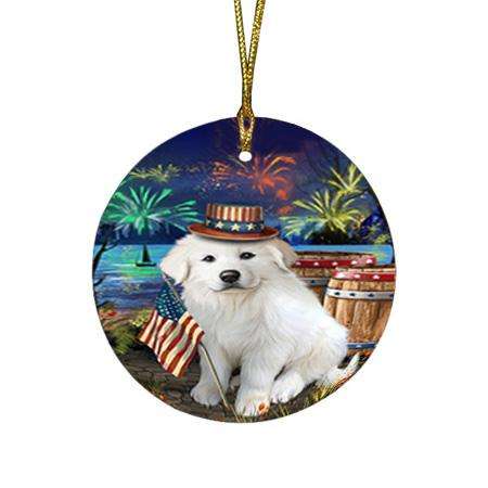 4th of July Independence Day Fireworks Great Pyrenee Dog at the Lake Round Flat Christmas Ornament RFPOR51152