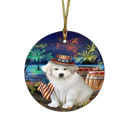 4th of July Independence Day Fireworks Great Pyrenee Dog at the Lake Round Flat Christmas Ornament RFPOR51153