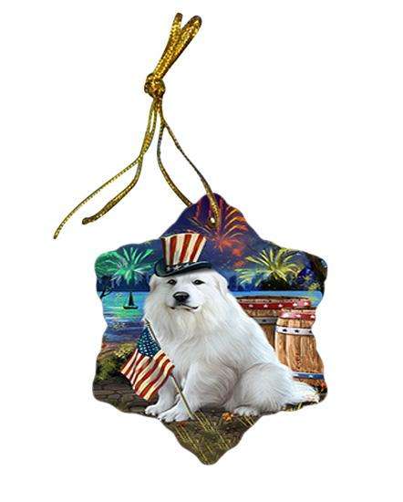 4th of July Independence Day Fireworks Great Pyrenee Dog at the Lake Star Porcelain Ornament SPOR51150