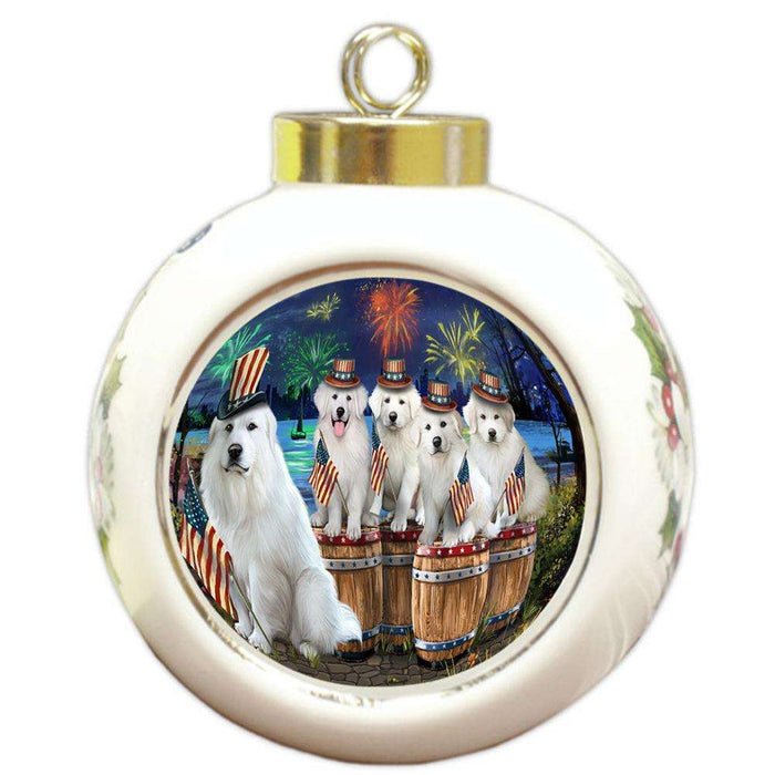 4th of July Independence Day Fireworks Great Pyrenees at the Lake Round Ball Christmas Ornament RBPOR51036