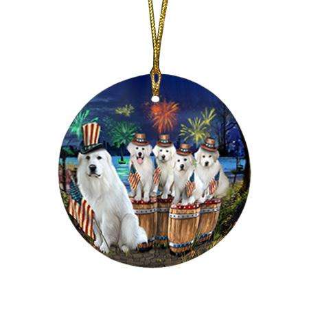4th of July Independence Day Fireworks Great Pyrenees at the Lake Round Flat Christmas Ornament RFPOR51027