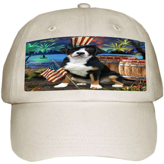 4th of July Independence Day Fireworks Greater Swiss Mountain Dog at the Lake Ball Hat Cap HAT57222