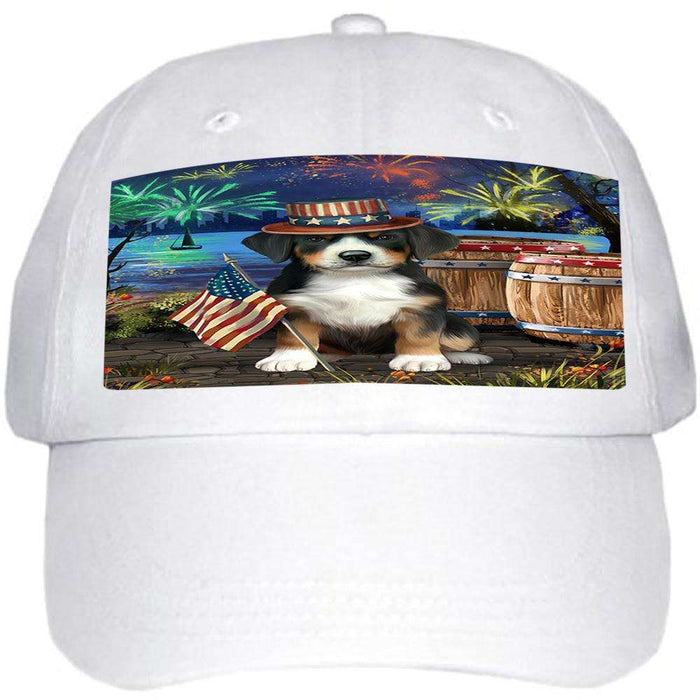 4th of July Independence Day Fireworks Greater Swiss Mountain Dog at the Lake Ball Hat Cap HAT57225