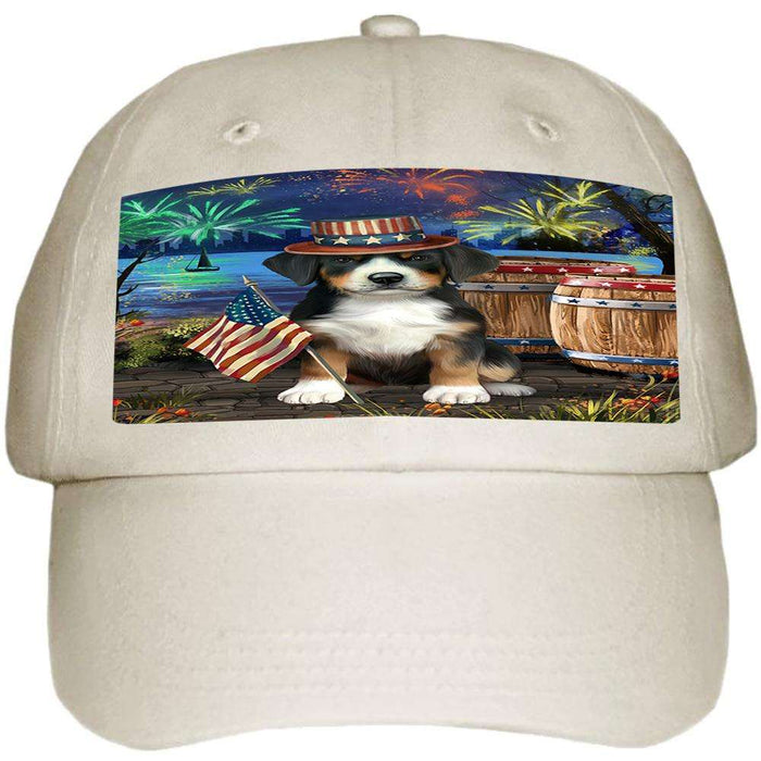 4th of July Independence Day Fireworks Greater Swiss Mountain Dog at the Lake Ball Hat Cap HAT57225