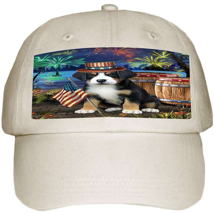 4th of July Independence Day Fireworks Greater Swiss Mountain Dog at the Lake Ball Hat Cap HAT57231