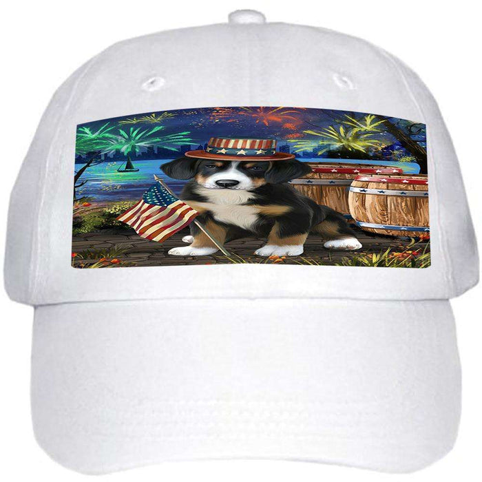 4th of July Independence Day Fireworks Greater Swiss Mountain Dog at the Lake Ball Hat Cap HAT57234