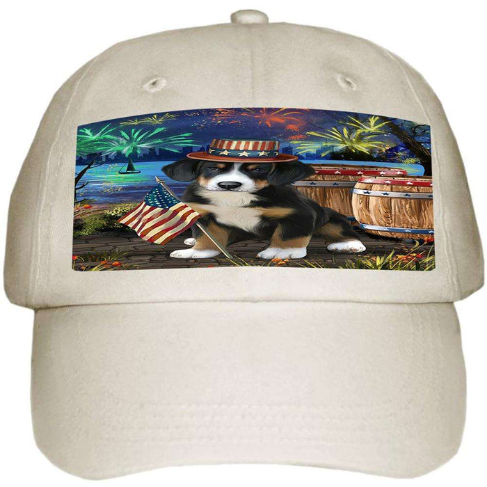 4th of July Independence Day Fireworks Greater Swiss Mountain Dog at the Lake Ball Hat Cap HAT57234